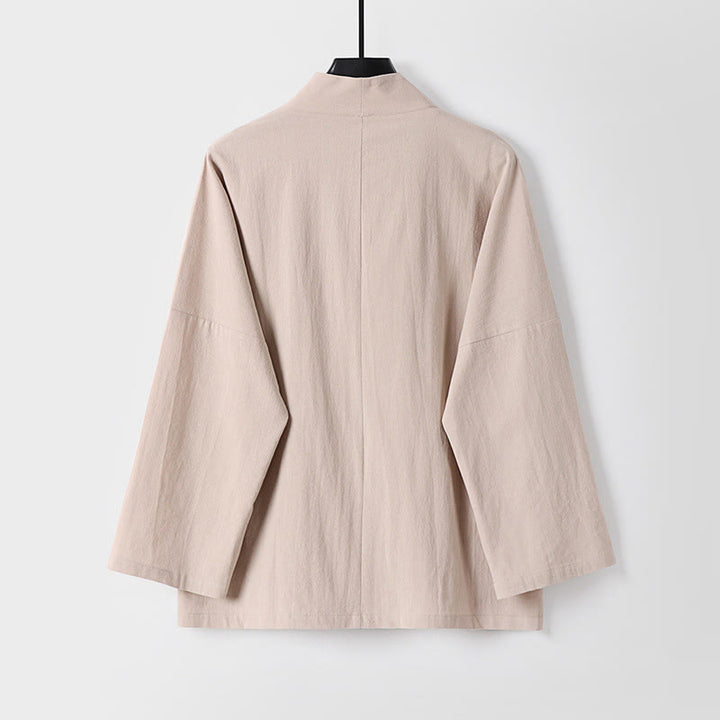 Chaqueta estilo kimono de lino y algodón con diseño de botones y mangas largas de Buddha Stones para hombre, abierta al frente, con bolsillos - image 5