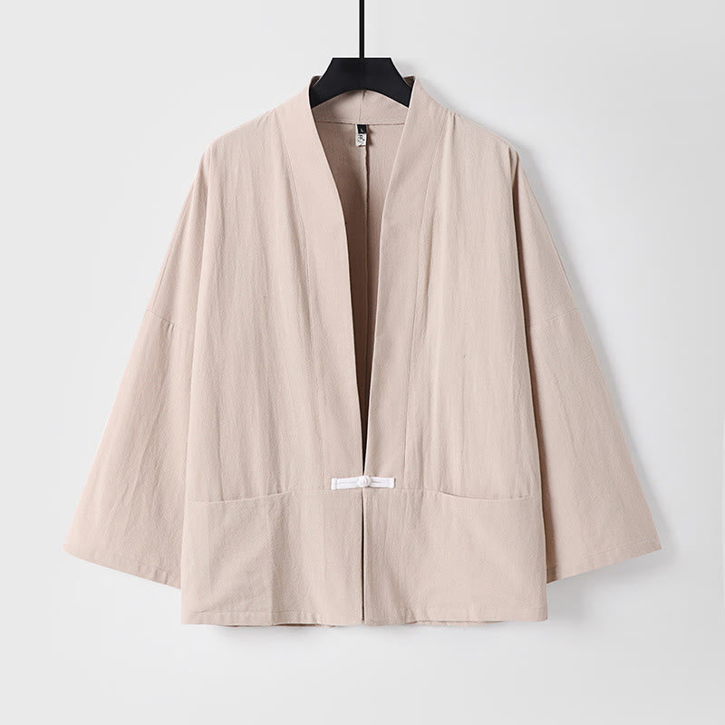 Chaqueta estilo kimono de lino y algodón con diseño de botones y mangas largas de Buddha Stones para hombre, abierta al frente, con bolsillos - Almendra blanqueada - US/UK/AU54, EU64 (9XL) - image 3