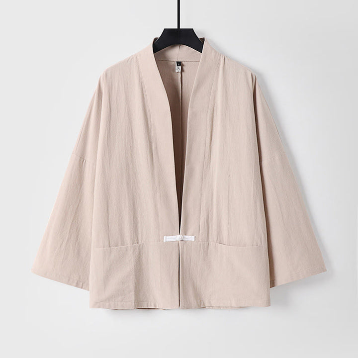 Chaqueta estilo kimono de lino y algodón con diseño de botones y mangas largas de Buddha Stones para hombre, abierta al frente, con bolsillos - Almendra blanqueada - US/UK/AU54, EU64 (9XL) - image 3