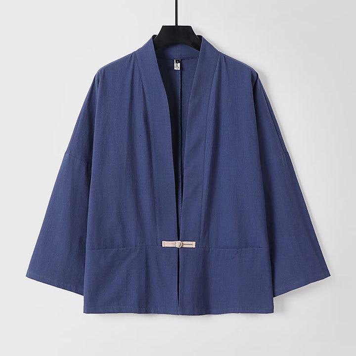 Chaqueta estilo kimono de lino y algodón con diseño de botones y mangas largas de Buddha Stones para hombre, abierta al frente, con bolsillos - Azul pizarra oscuro - US/UK/AU54, EU64 (9XL) - image 15