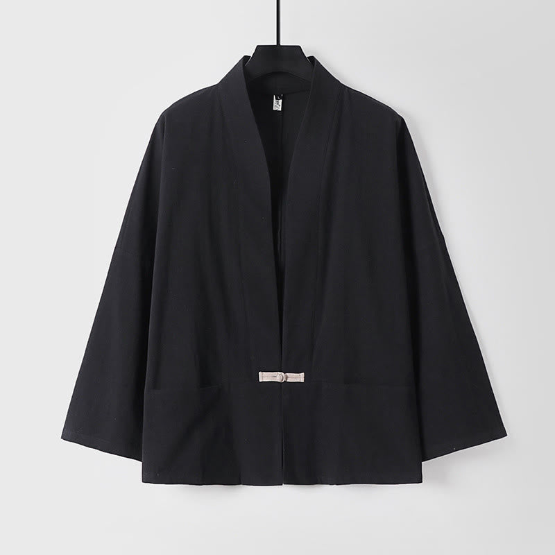 Chaqueta estilo kimono de lino y algodón con diseño de botones y mangas largas de Buddha Stones para hombre, abierta al frente, con bolsillos - Negro - US/UK/AU54, EU64 (9XL) - image 2