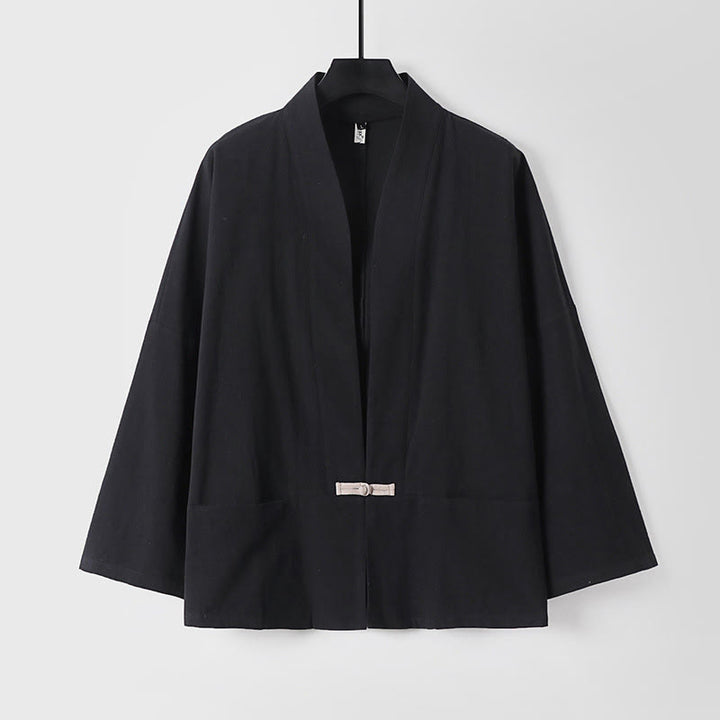 Chaqueta estilo kimono de lino y algodón con diseño de botones y mangas largas de Buddha Stones para hombre, abierta al frente, con bolsillos - Negro - US/UK/AU54, EU64 (9XL) - image 2