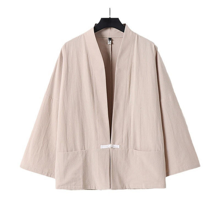 Chaqueta estilo kimono de lino y algodón con diseño de botones y mangas largas de Buddha Stones para hombre, abierta al frente, con bolsillos - image 14