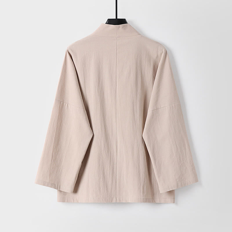 Chaqueta estilo kimono de lino y algodón con diseño de botones y mangas largas de Buddha Stones para hombre, abierta al frente, con bolsillos - image 4