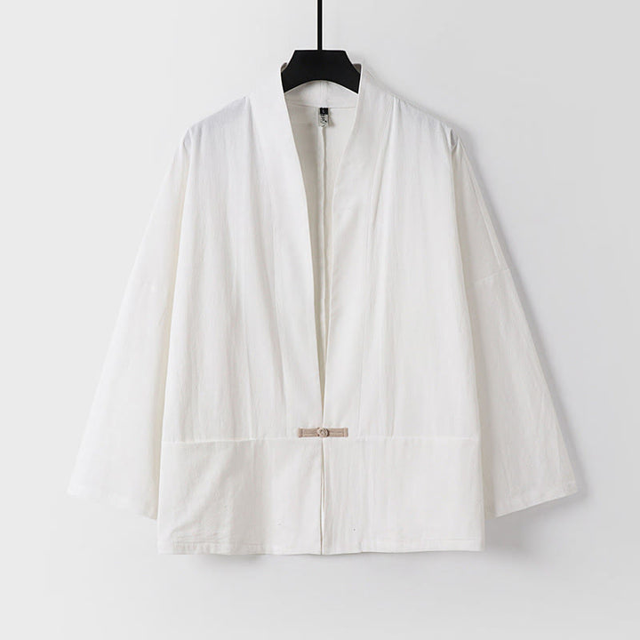 Chaqueta estilo kimono de lino y algodón con diseño de botones y mangas largas de Buddha Stones para hombre, abierta al frente, con bolsillos - Blanco - US/UK/AU54, EU64 (9XL) - image 2