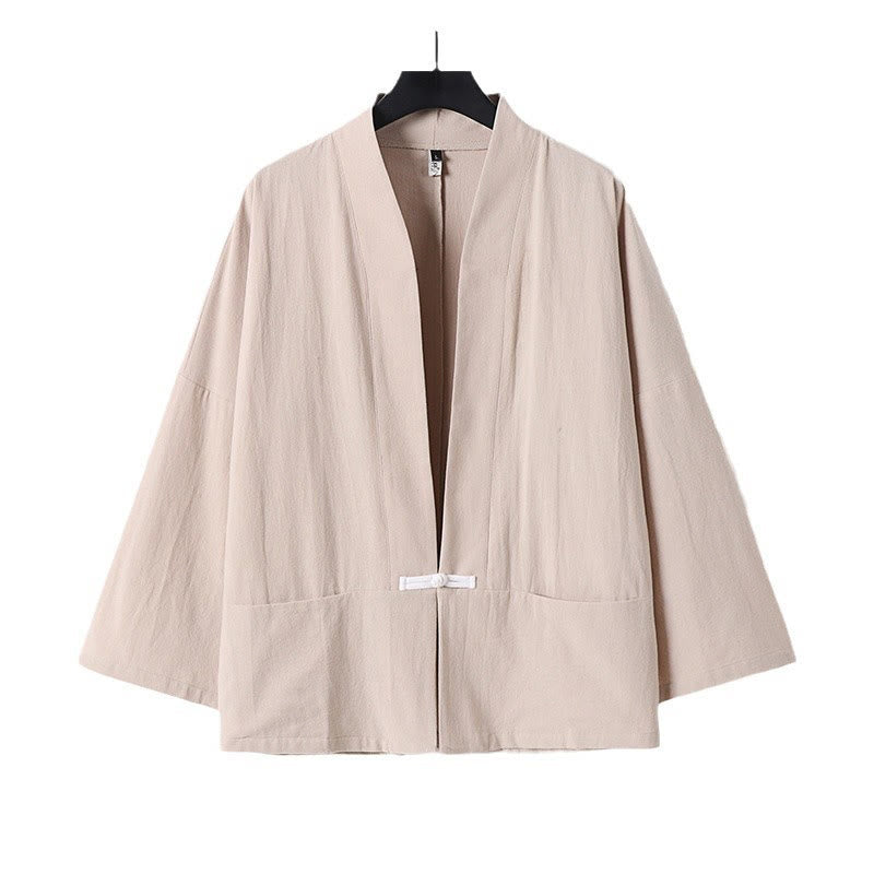Chaqueta estilo kimono de lino y algodón con diseño de botones y mangas largas de Buddha Stones para hombre, abierta al frente, con bolsillos - image 13
