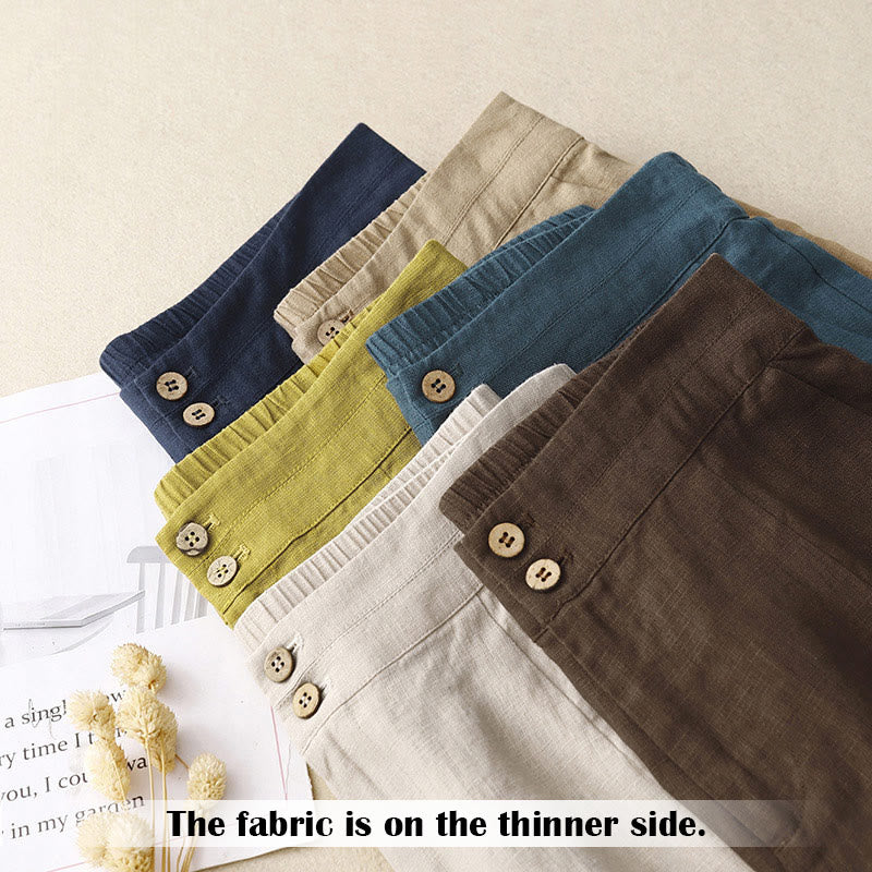 Pantalones anchos de lino con diseño sencillo e informal de verano para mujer con bolsillos con cremallera de Buddha Stones - image 67