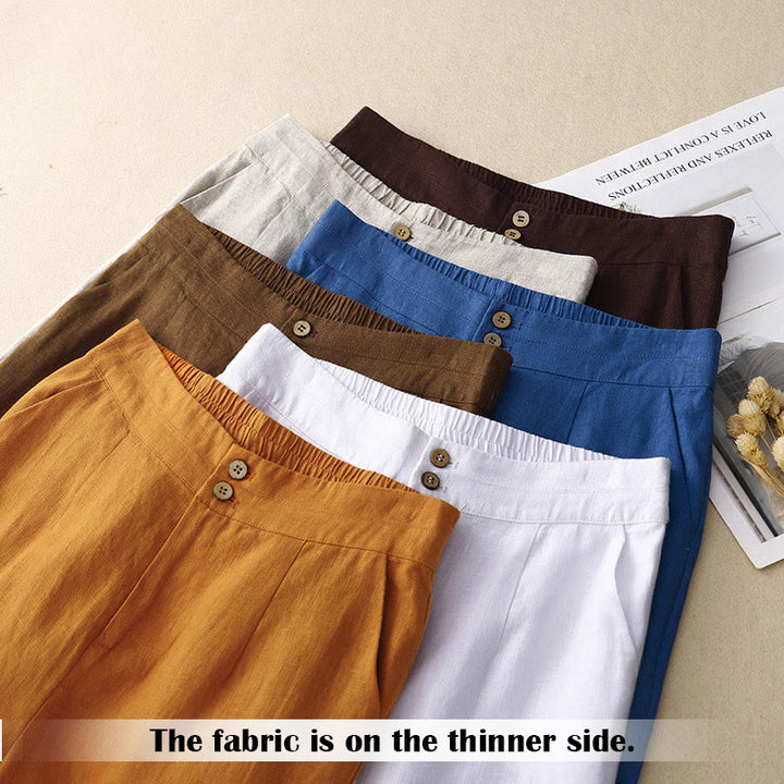 Pantalones anchos de lino con diseño sencillo e informal de verano para mujer con bolsillos con cremallera de Buddha Stones - image 68