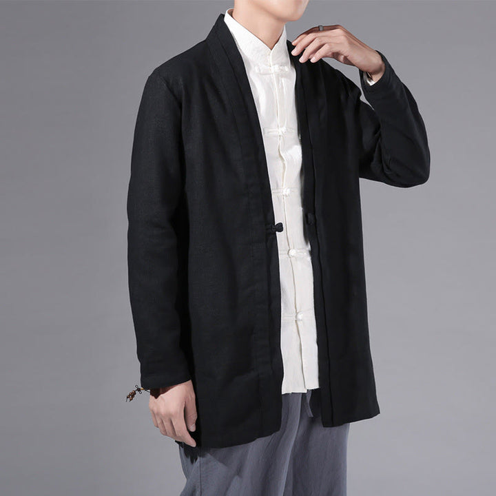 Chaqueta tipo kimono de manga larga para hombre, de algodón y lino, con diseño sencillo y liso, con abertura frontal y Buddha Stones - Negro - US/UK/AU42, EU52 (3XL) - image 12