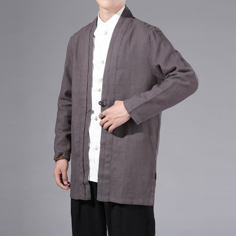 Chaqueta tipo kimono de manga larga para hombre, de algodón y lino, con diseño sencillo y liso, con abertura frontal y Buddha Stones - image 33