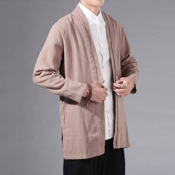 Chaqueta tipo kimono de manga larga para hombre, de algodón y lino, con diseño sencillo y liso, con abertura frontal y Buddha Stones - image 26