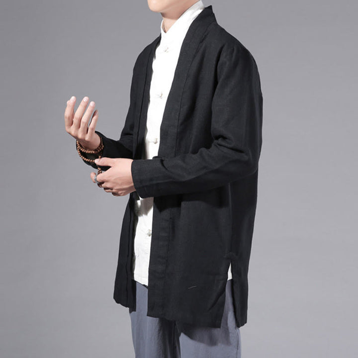 Chaqueta tipo kimono de manga larga para hombre, de algodón y lino, con diseño sencillo y liso, con abertura frontal y Buddha Stones - image 17