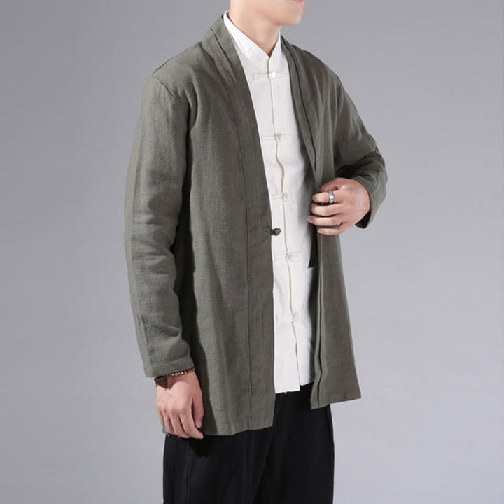 Chaqueta tipo kimono de manga larga para hombre, de algodón y lino, con diseño sencillo y liso, con abertura frontal y Buddha Stones - image 6