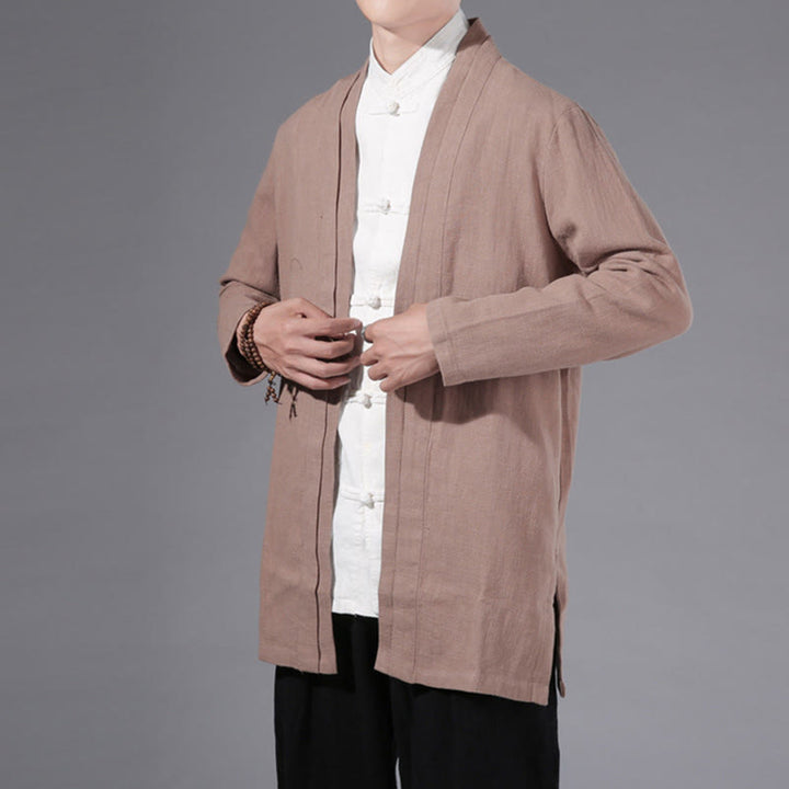 Chaqueta tipo kimono de manga larga para hombre, de algodón y lino, con diseño sencillo y liso, con abertura frontal y Buddha Stones - image 24
