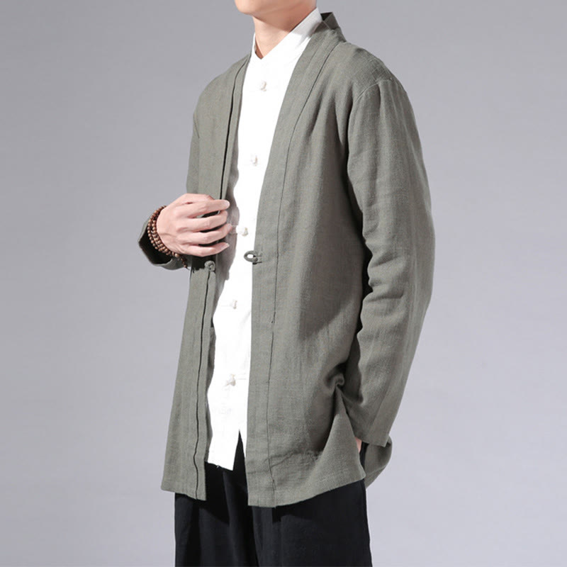 Chaqueta tipo kimono de manga larga para hombre, de algodón y lino, con diseño sencillo y liso, con abertura frontal y Buddha Stones - image 4