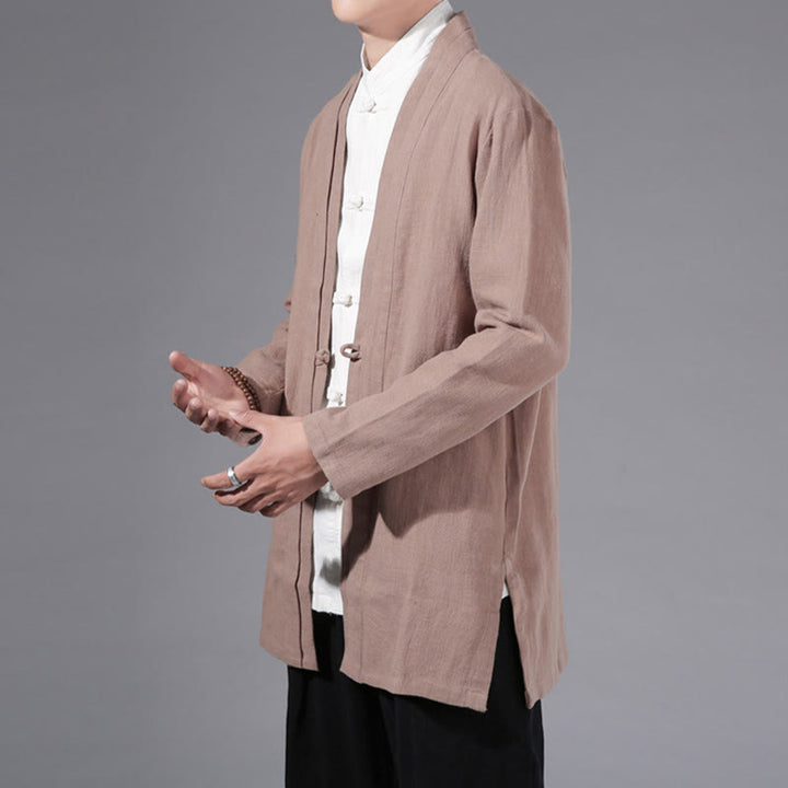 Chaqueta tipo kimono de manga larga para hombre, de algodón y lino, con diseño sencillo y liso, con abertura frontal y Buddha Stones - image 27