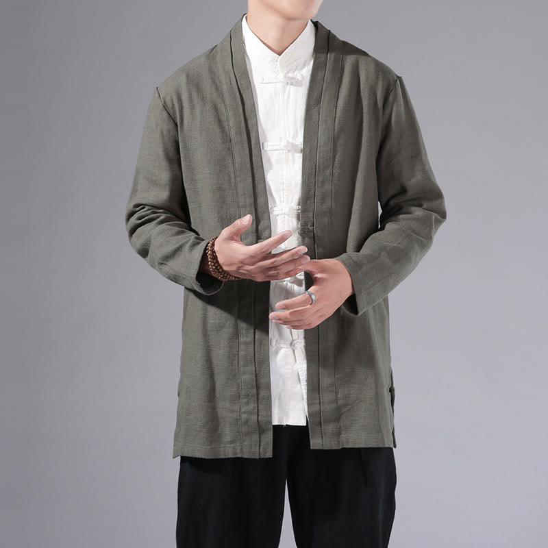 Chaqueta tipo kimono de manga larga para hombre, de algodón y lino, con diseño sencillo y liso, con abertura frontal y Buddha Stones - Verde mar oscuro - US/UK/AU42, EU52 (3XL) - image 1