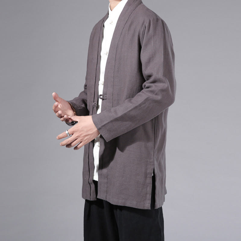 Chaqueta tipo kimono de manga larga para hombre, de algodón y lino, con diseño sencillo y liso, con abertura frontal y Buddha Stones - image 34