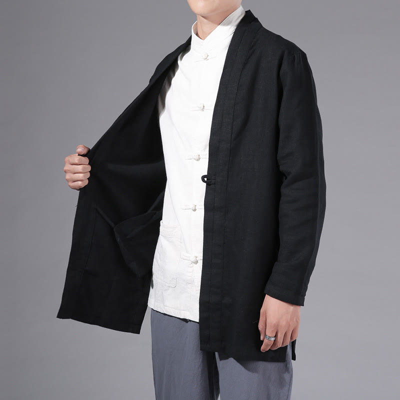 Chaqueta tipo kimono de manga larga para hombre, de algodón y lino, con diseño sencillo y liso, con abertura frontal y Buddha Stones - image 18
