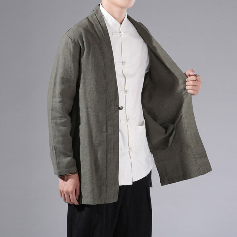 Chaqueta tipo kimono de manga larga para hombre, de algodón y lino, con diseño sencillo y liso, con abertura frontal y Buddha Stones - image 7