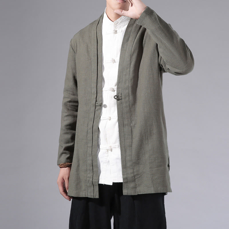 Chaqueta tipo kimono de manga larga para hombre, de algodón y lino, con diseño sencillo y liso, con abertura frontal y Buddha Stones - image 3