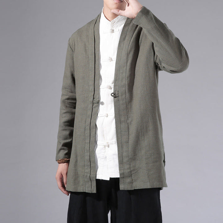 Chaqueta tipo kimono de manga larga para hombre, de algodón y lino, con diseño sencillo y liso, con abertura frontal y Buddha Stones - image 3