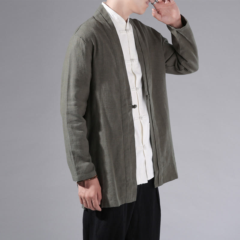 Chaqueta tipo kimono de manga larga para hombre, de algodón y lino, con diseño sencillo y liso, con abertura frontal y Buddha Stones - image 2