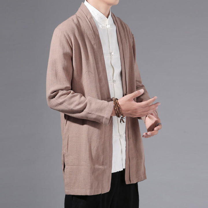 Chaqueta tipo kimono de manga larga para hombre, de algodón y lino, con diseño sencillo y liso, con abertura frontal y Buddha Stones - image 28