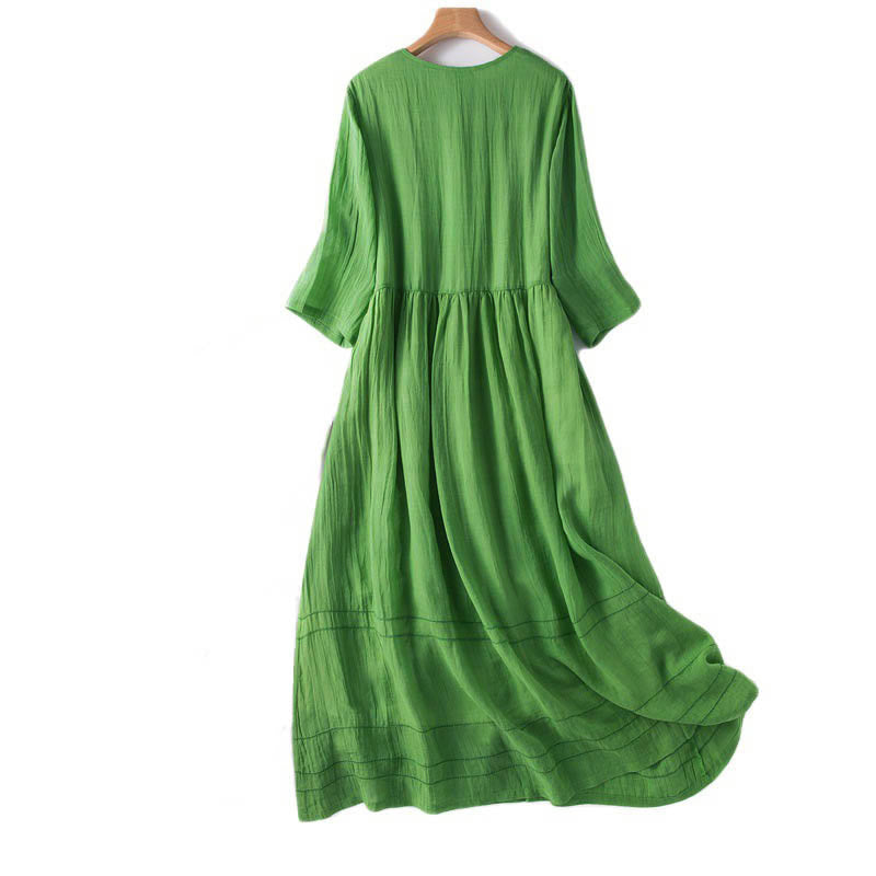 Vestido midi de algodón de media manga con escote en V y diseño de Buddha Stones para verano - image 10