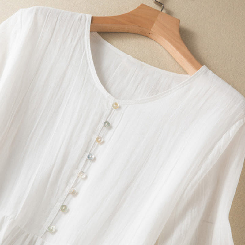 Vestido midi de algodón de media manga con escote en V y diseño de Buddha Stones para verano - image 18