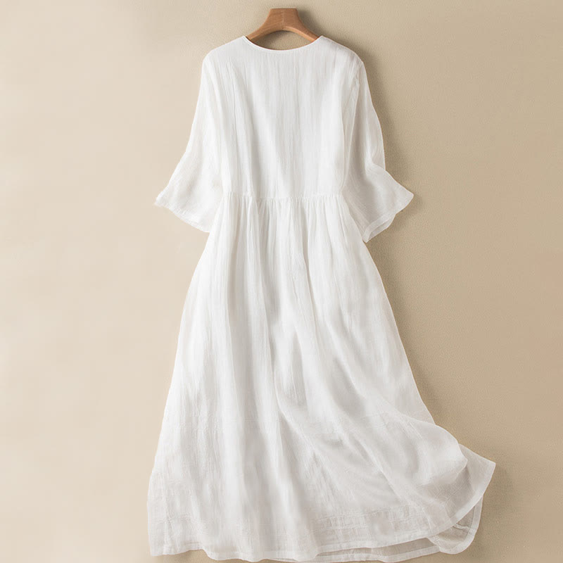Vestido midi de algodón de media manga con escote en V y diseño de Buddha Stones para verano - image 24