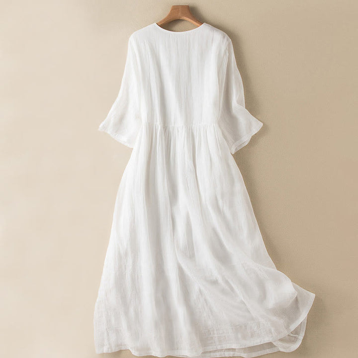Vestido midi de algodón de media manga con escote en V y diseño de Buddha Stones para verano - image 24