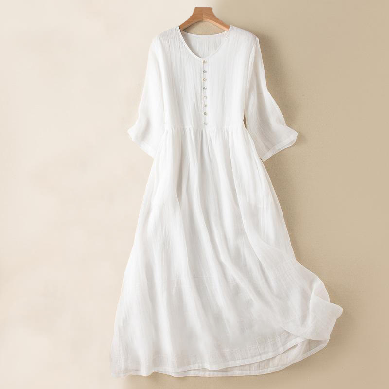 Vestido midi de algodón de media manga con escote en V y diseño de Buddha Stones para verano - Blanco - US14，UK/AU18，EU46 (2XL) - image 16