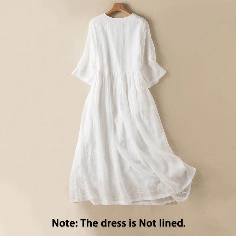 Vestido midi de algodón de media manga con escote en V y diseño de Buddha Stones para verano - image 17