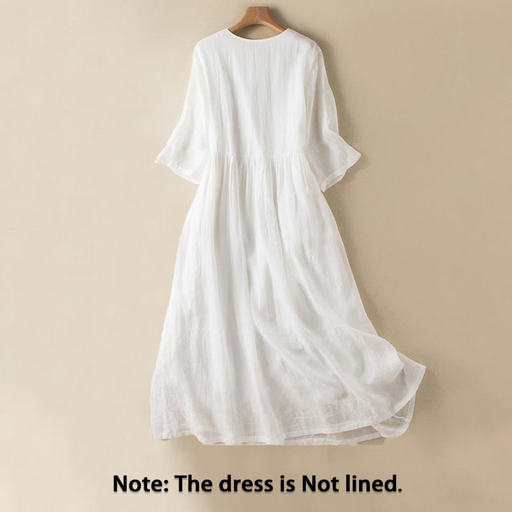 Vestido midi de algodón de media manga con escote en V y diseño de Buddha Stones para verano - image 17