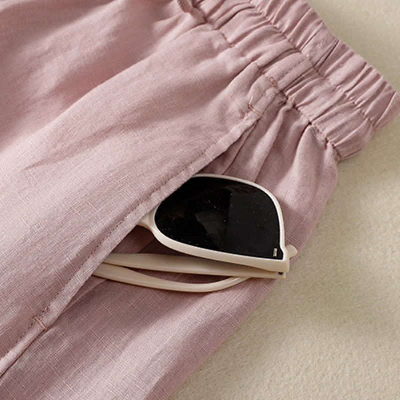 Pantalones anchos de lino y algodón con cordón ajustable para mujer, diseño sencillo, con bolsillos, de Buddha Stones Commute - image 24