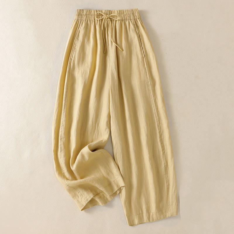 Pantalones anchos de lino y algodón con cordón ajustable para mujer, diseño sencillo, con bolsillos, de Buddha Stones Commute - Caqui - US8-10，UK/AU12-14，EU40-42 (2XL) - image 7