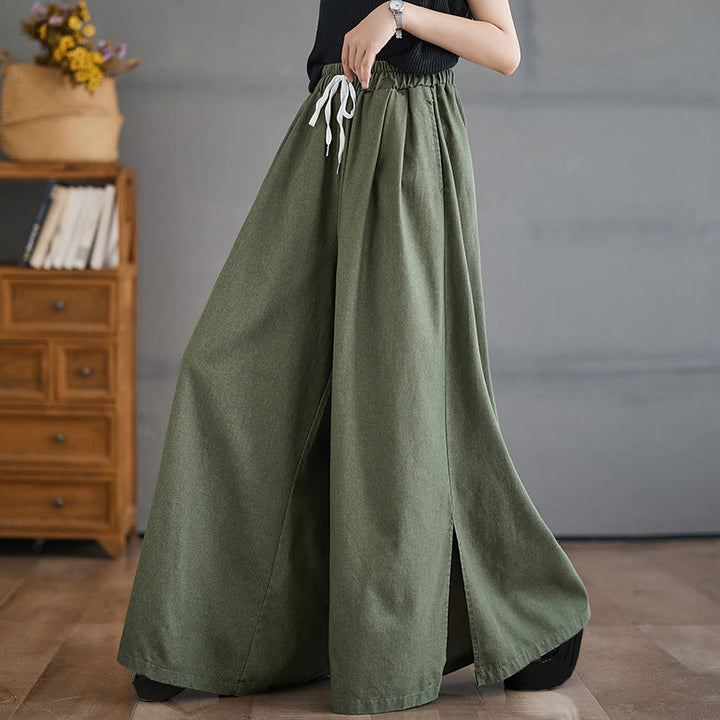 Pantalones anchos de algodón para mujer con diseño retro de abertura en la pierna y bolsillos de Buddha Stones - Verde oliva - US12, UK/AU16, EU44 (3XL) - image 6