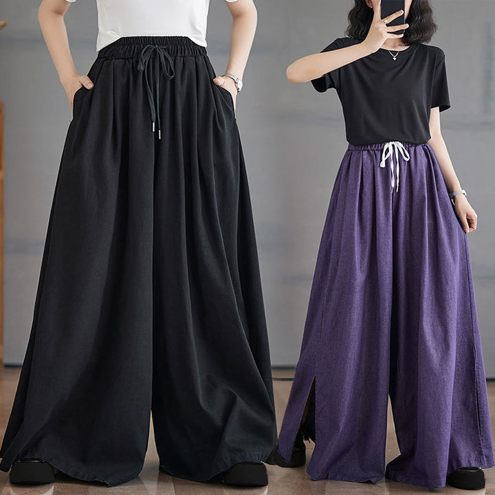 Pantalones anchos de algodón para mujer con diseño retro de abertura en la pierna y bolsillos de Buddha Stones - image 24
