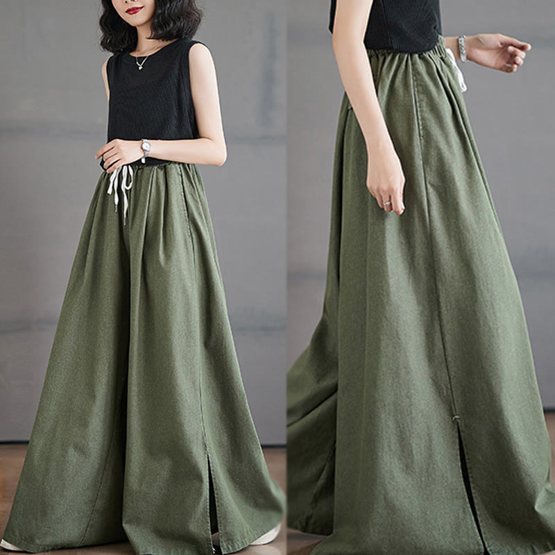 Pantalones anchos de algodón para mujer con diseño retro de abertura en la pierna y bolsillos de Buddha Stones - image 9