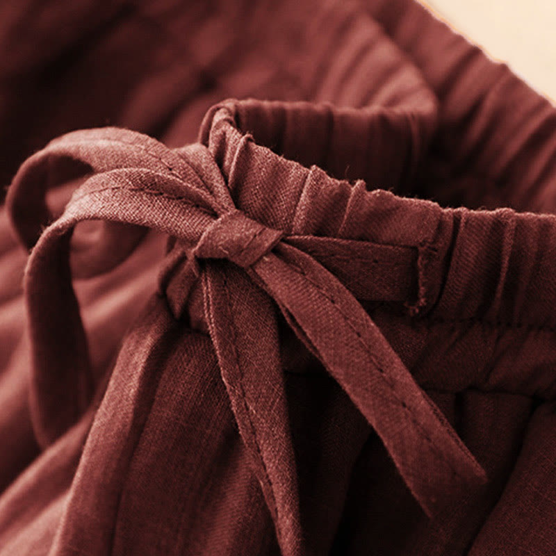 Pantalones anchos de mujer con bolsillos y cordón ajustable de color puro Buddha Stones Spring de doble capa - image 2