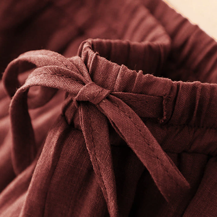 Pantalones anchos de mujer con bolsillos y cordón ajustable de color puro Buddha Stones Spring de doble capa - image 2