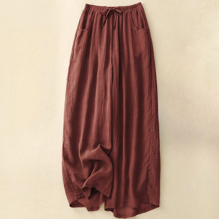 Pantalones de mujer de doble capa, pierna ancha y bolsillos, de color liso, con cordón ajustable, estampado Buddha Stones Spring. - Ladrillo refractario - US8-10，UK/AU12-14，EU40-42 (2XL) - image 0