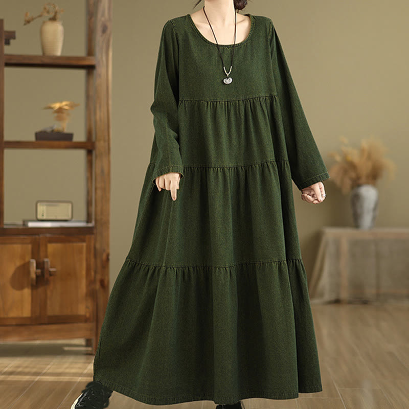 Vestido largo de algodón con diseño de patchwork, manga larga y bolsillos, para mujer , con Buddha Stones en verde oliva oscuro - image 6