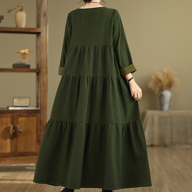 Vestido largo de algodón con diseño de patchwork, manga larga y bolsillos, para mujer , con Buddha Stones en verde oliva oscuro - image 5