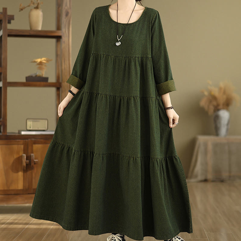 Vestido largo de algodón con diseño de patchwork, manga larga y bolsillos, para mujer , con Buddha Stones en verde oliva oscuro - image 2