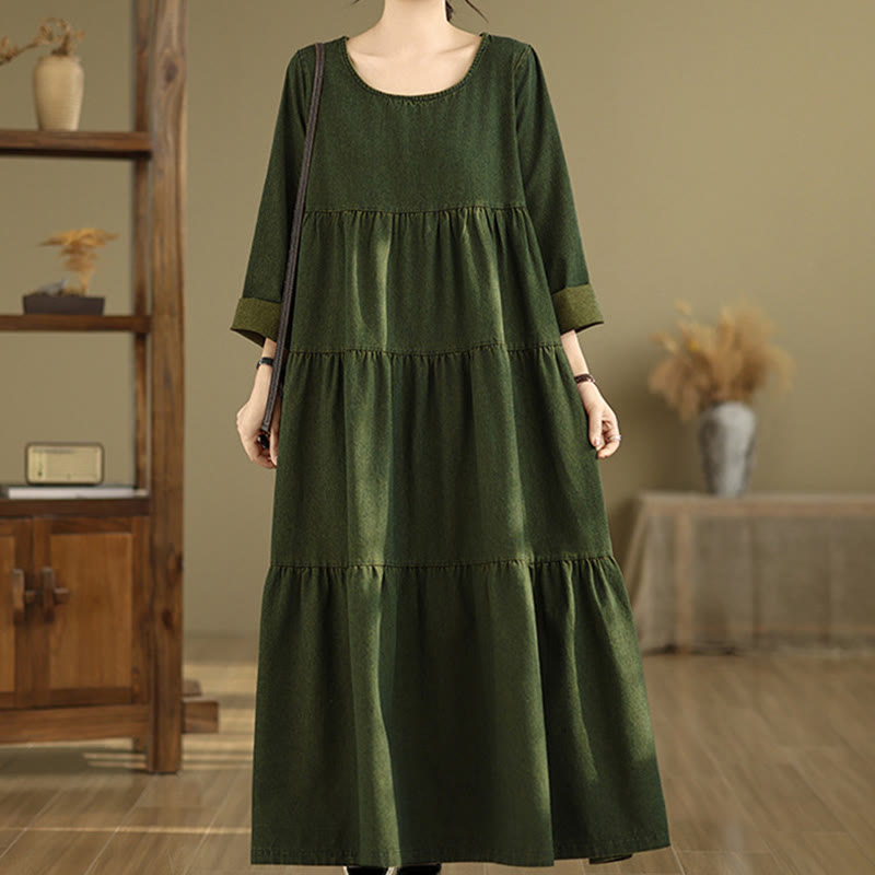 Vestido largo de algodón con diseño de patchwork, manga larga y bolsillos, para mujer , con Buddha Stones en verde oliva oscuro - image 6