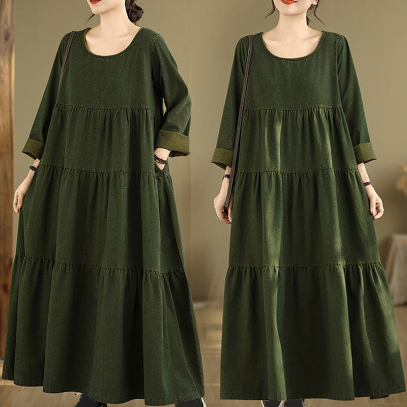 Vestido largo de algodón con diseño de patchwork, manga larga y bolsillos, para mujer , con Buddha Stones en verde oliva oscuro - Verde oliva oscuro - US14, UK/AU18, EU46 (3XL) - image 1
