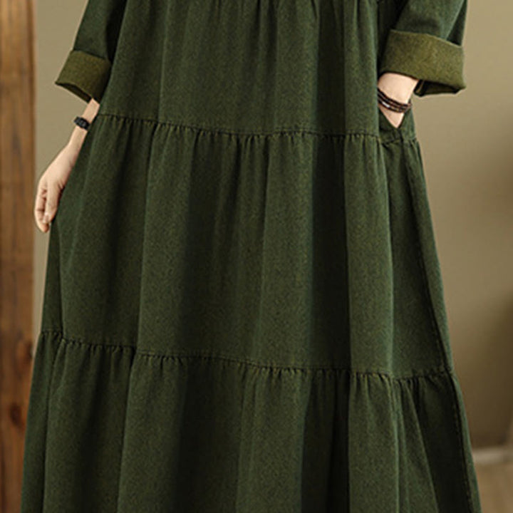 Vestido largo de algodón con diseño de patchwork, manga larga y bolsillos, para mujer , con Buddha Stones en verde oliva oscuro - image 9