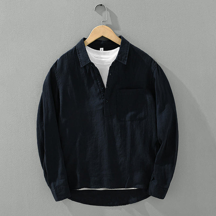 Camisa de lino para hombre, manga larga, suelta, color liso, con medio botón y Buddha Stones - image 13